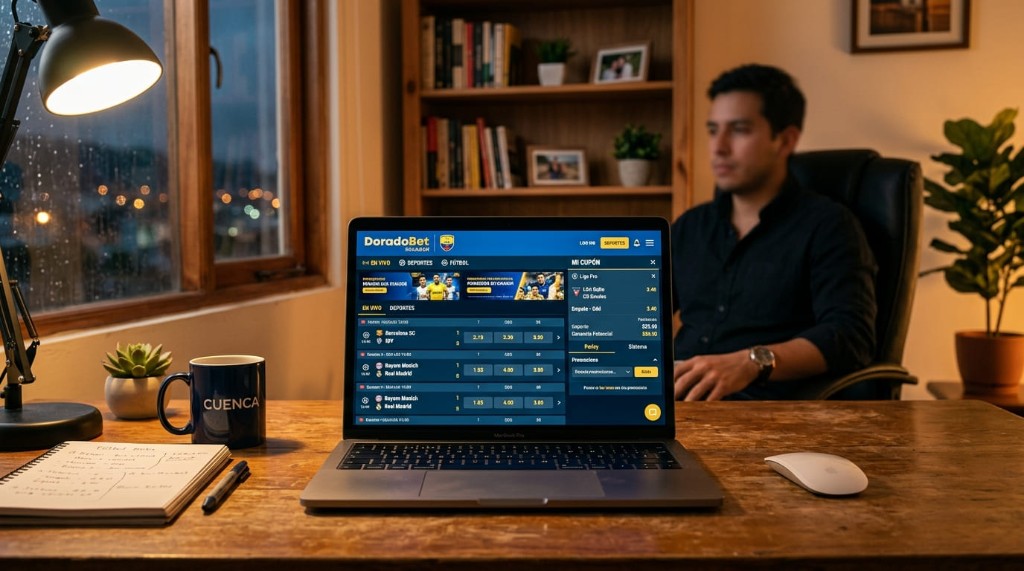 Sesión de pronósticos deportivos Doradobet en laptop con Liga Pro de Ecuador