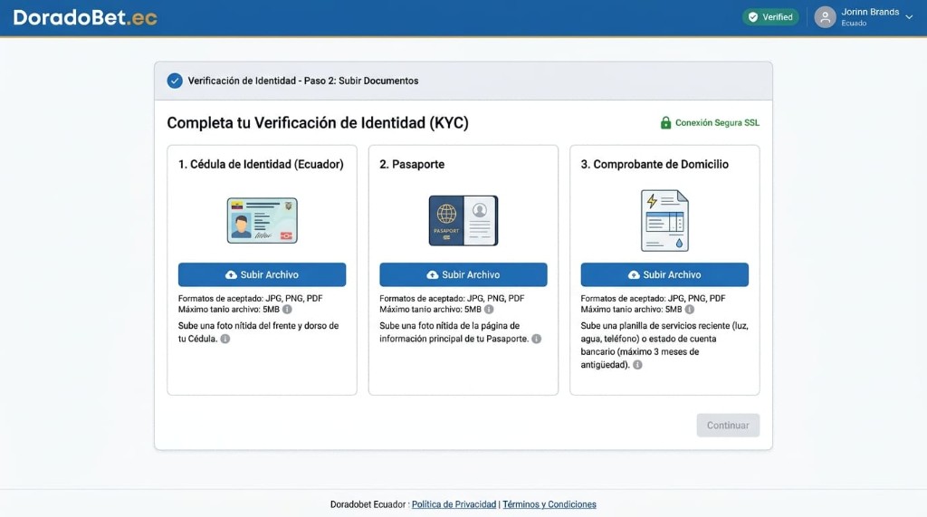 Formulario de verificación KYC con cédula, pasaporte y comprobante de domicilio